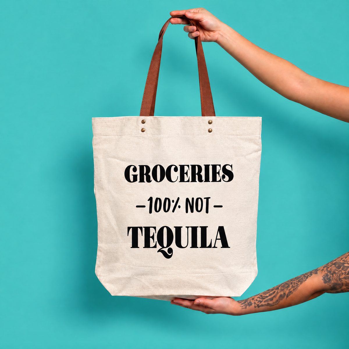 Groceries - 100% Not Tequila GIftable Canvas Tote Bag | Vegan Leather Handles-Fun Club-The Bullish Store