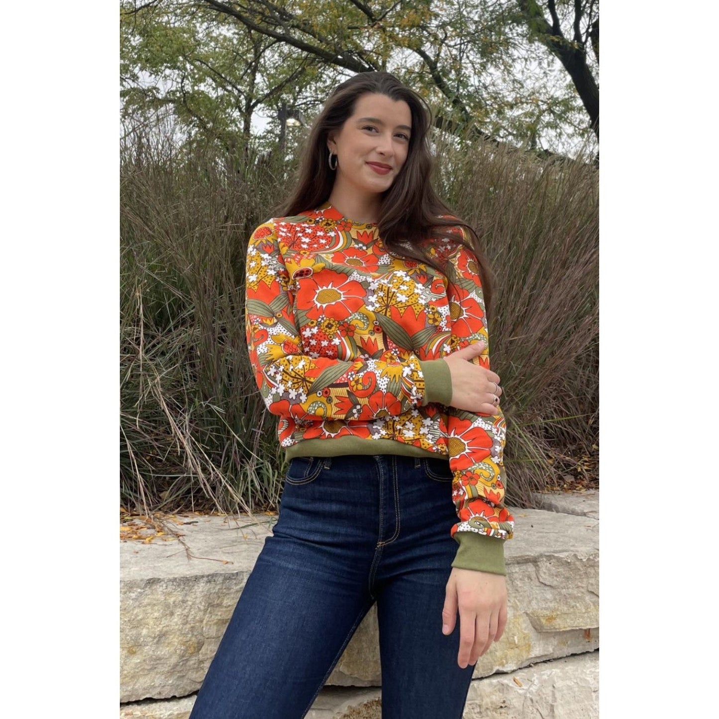 Groovy Floral Pullover Sweatshirt in Orange & Olive | Retro 60s-70s Inspired [S-XL]