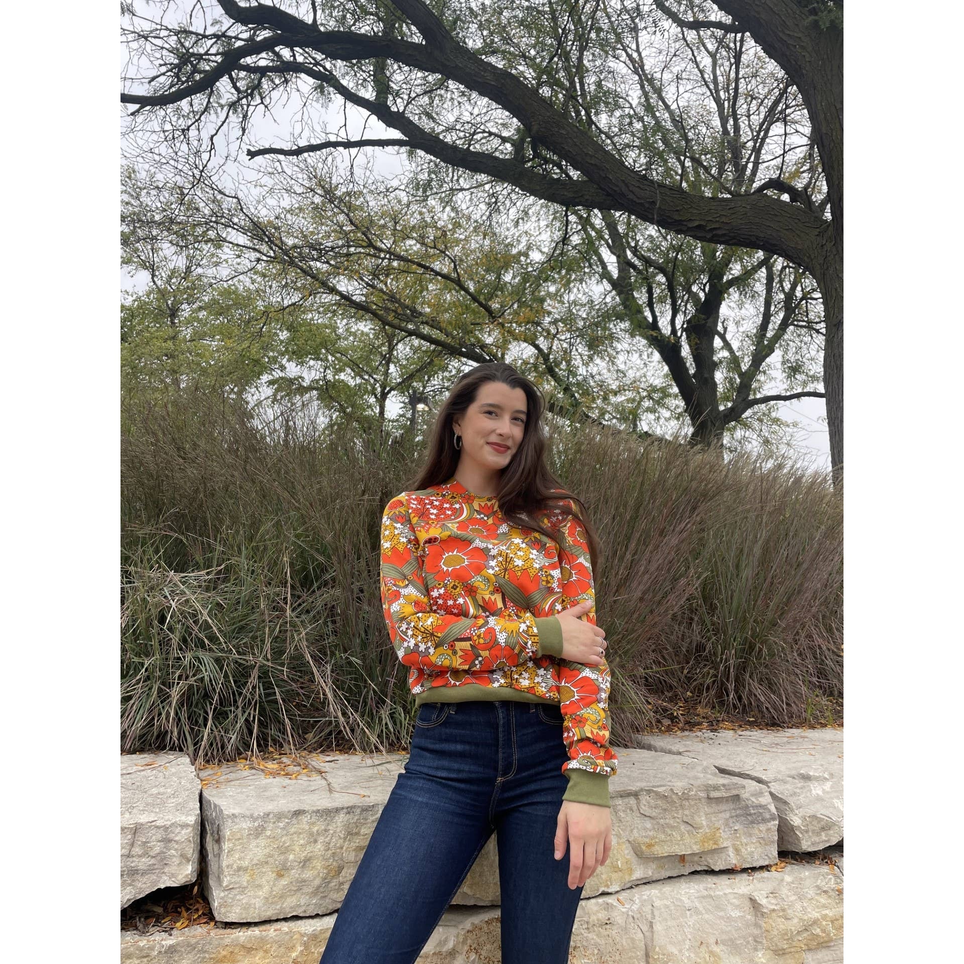 Groovy Floral Pullover Sweatshirt in Orange & Olive | Retro 60s-70s Inspired [S-XL]