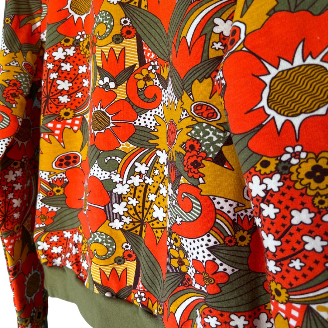 Groovy Floral Pullover Sweatshirt in Orange & Olive | Retro 60s-70s Inspired [S-XL]