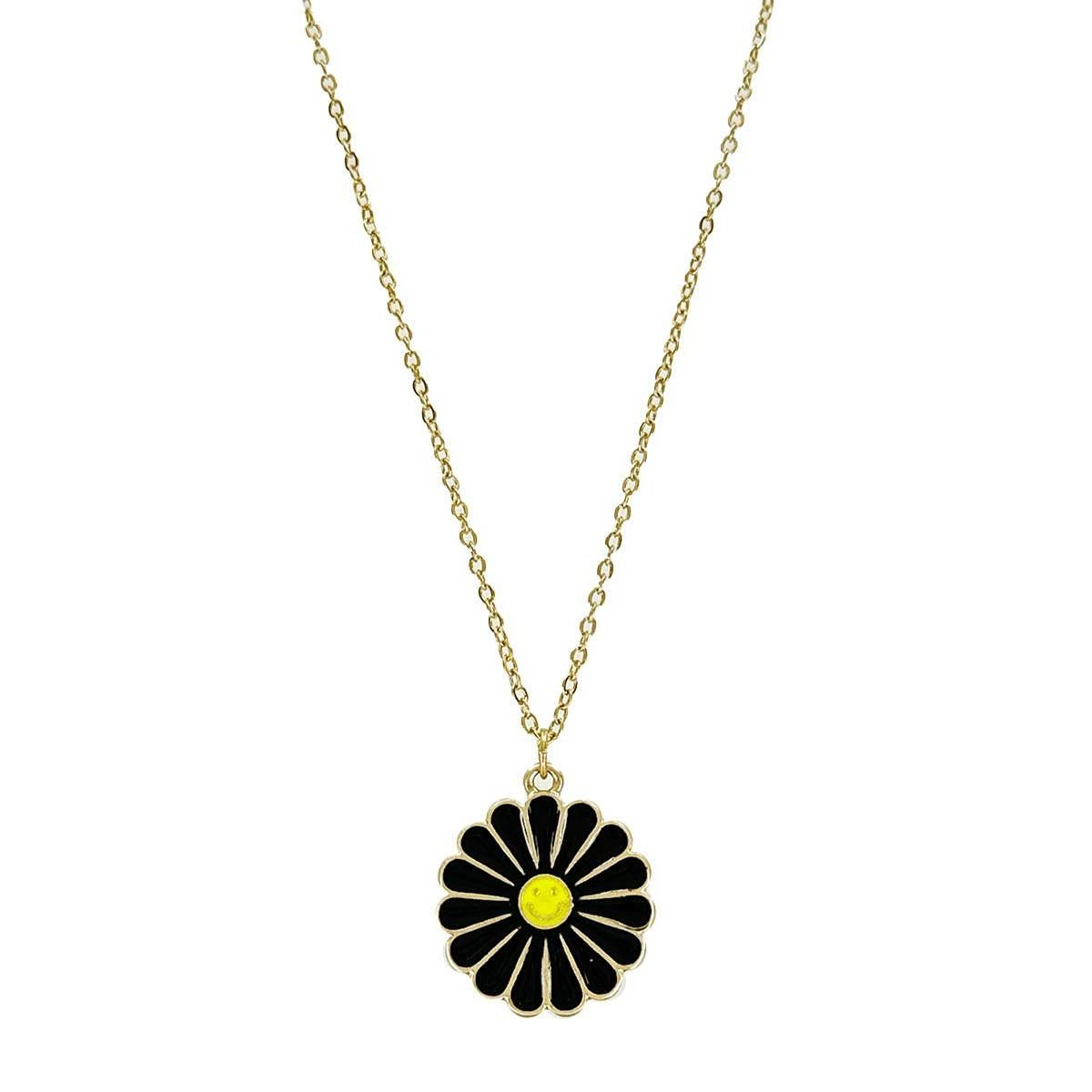 Groovy Flower Happy Face Pendant Necklace in Black and Yellow | Retro Smiley Charm Necklace