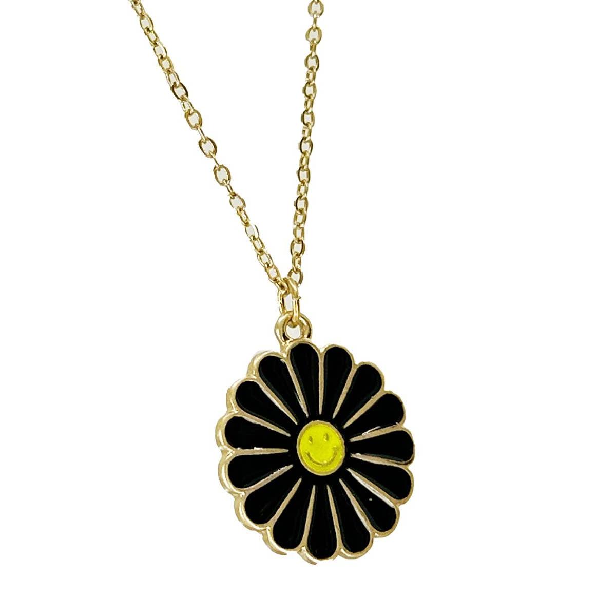 Groovy Flower Happy Face Pendant Necklace in Black and Yellow | Retro Smiley Charm Necklace