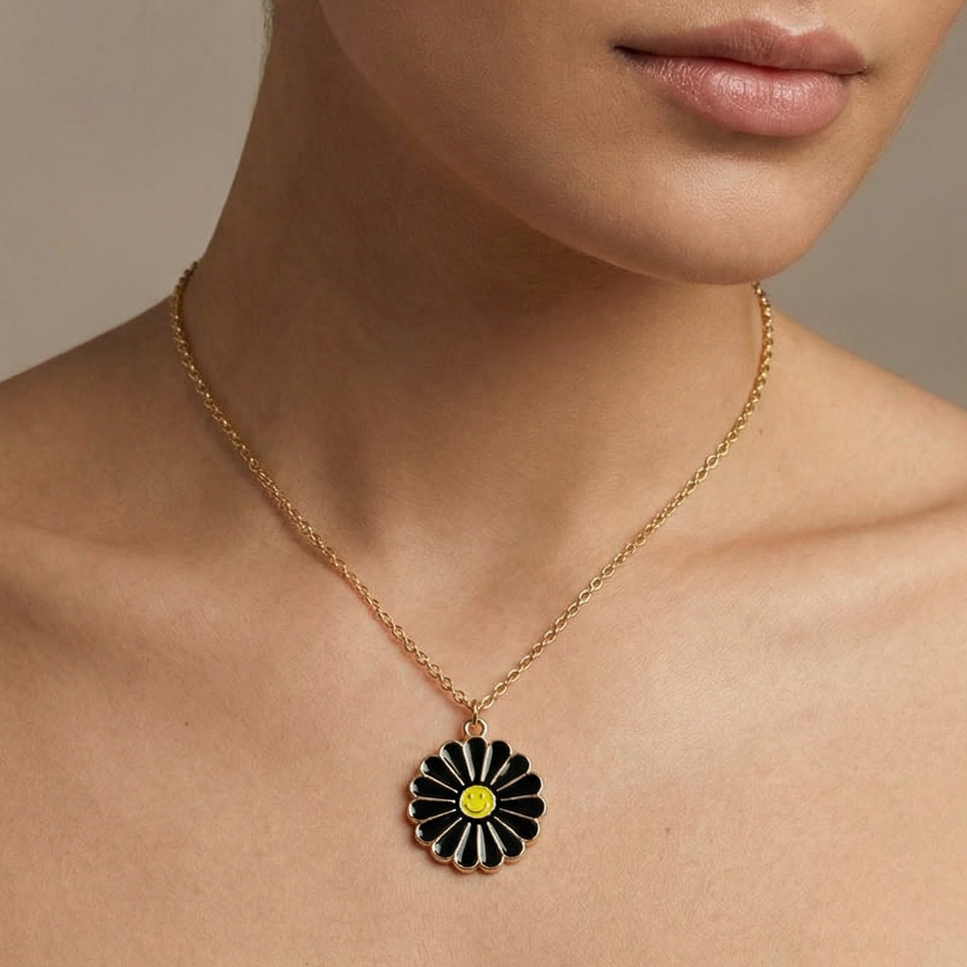 Groovy Flower Happy Face Pendant Necklace in Black and Yellow | Retro Smiley Charm Necklace