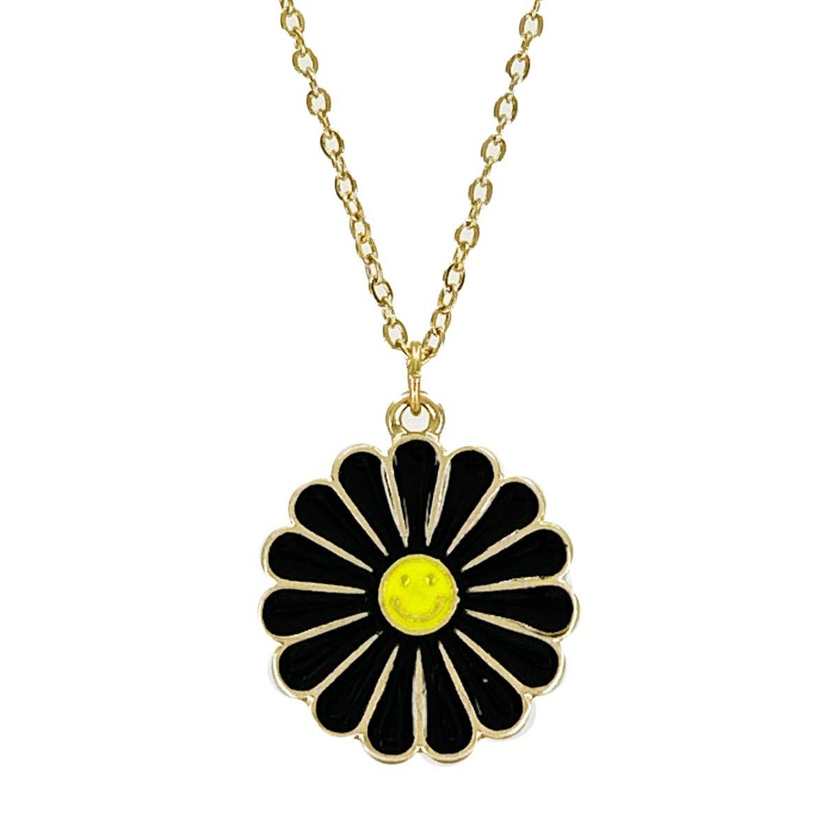 Groovy Flower Happy Face Pendant Necklace in Black and Yellow | Retro Smiley Charm Necklace