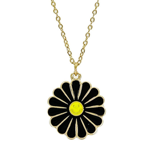 Groovy Flower Happy Face Pendant Necklace in Black and Yellow | Retro Smiley Charm Necklace