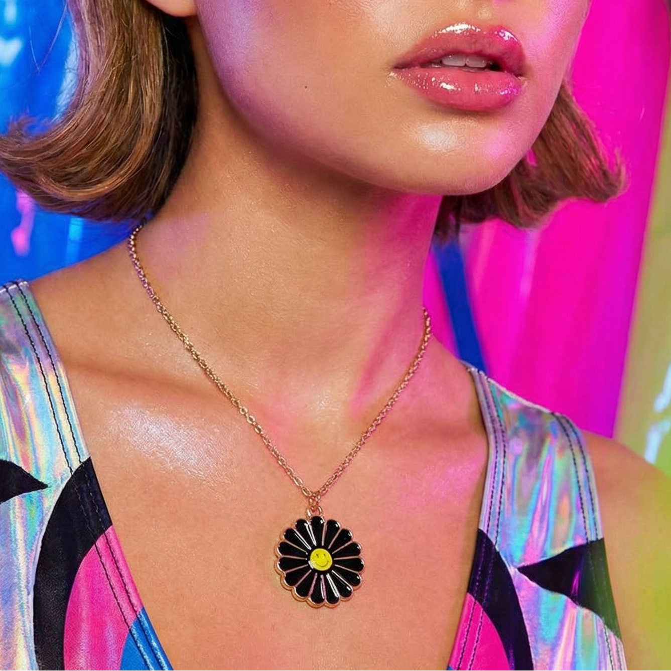 Groovy Flower Happy Face Pendant Necklace in Black and Yellow | Retro Smiley Charm Necklace