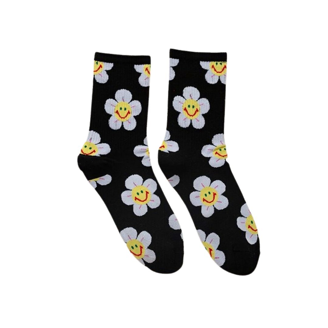 Groovy Flower Happy Face Socks (6 Color Options) | '70s '80s '90s Retro Style | Women's Socks Fits 5-9