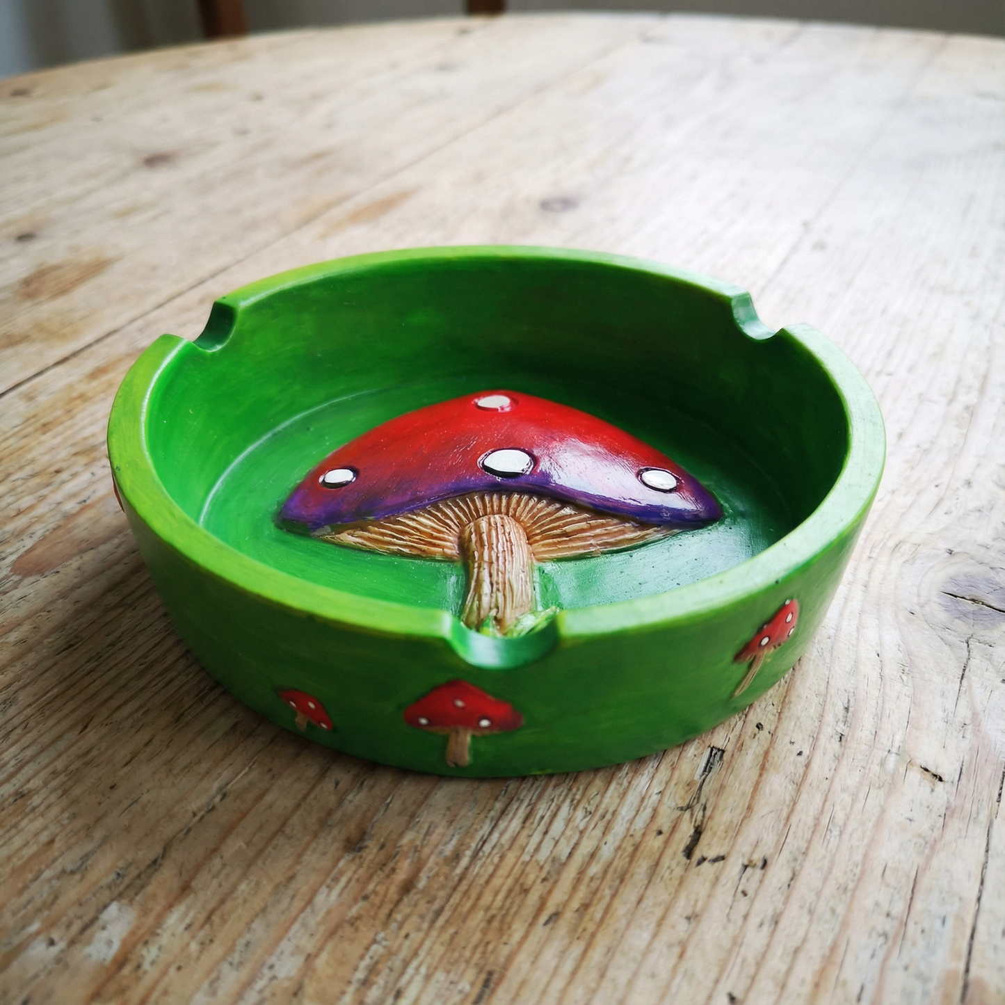 Groovy Mushroom Ashtray in Bright Green and Red | Hand Painted Round Resin Ash Bin  | 4.5"