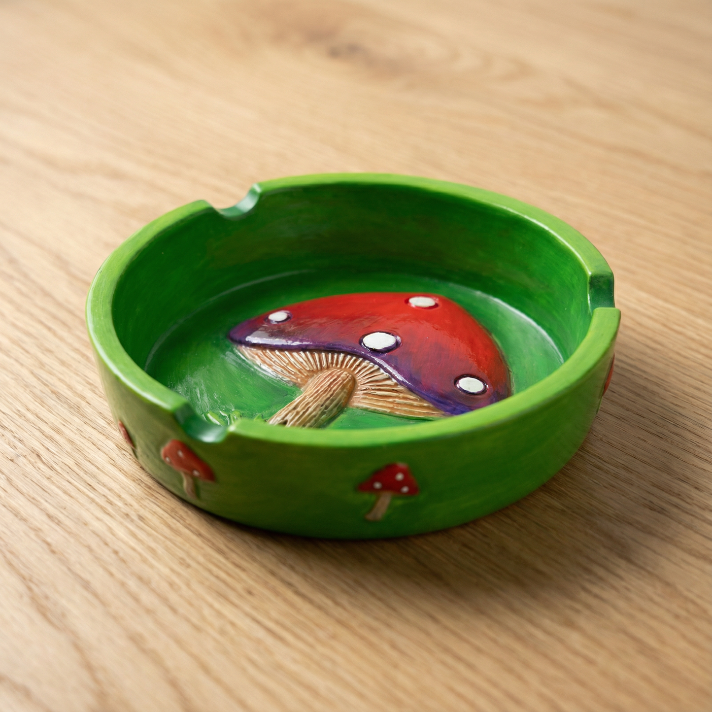 Groovy Mushroom Ashtray in Bright Green and Red | Hand Painted Round Resin Ash Bin  | 4.5"