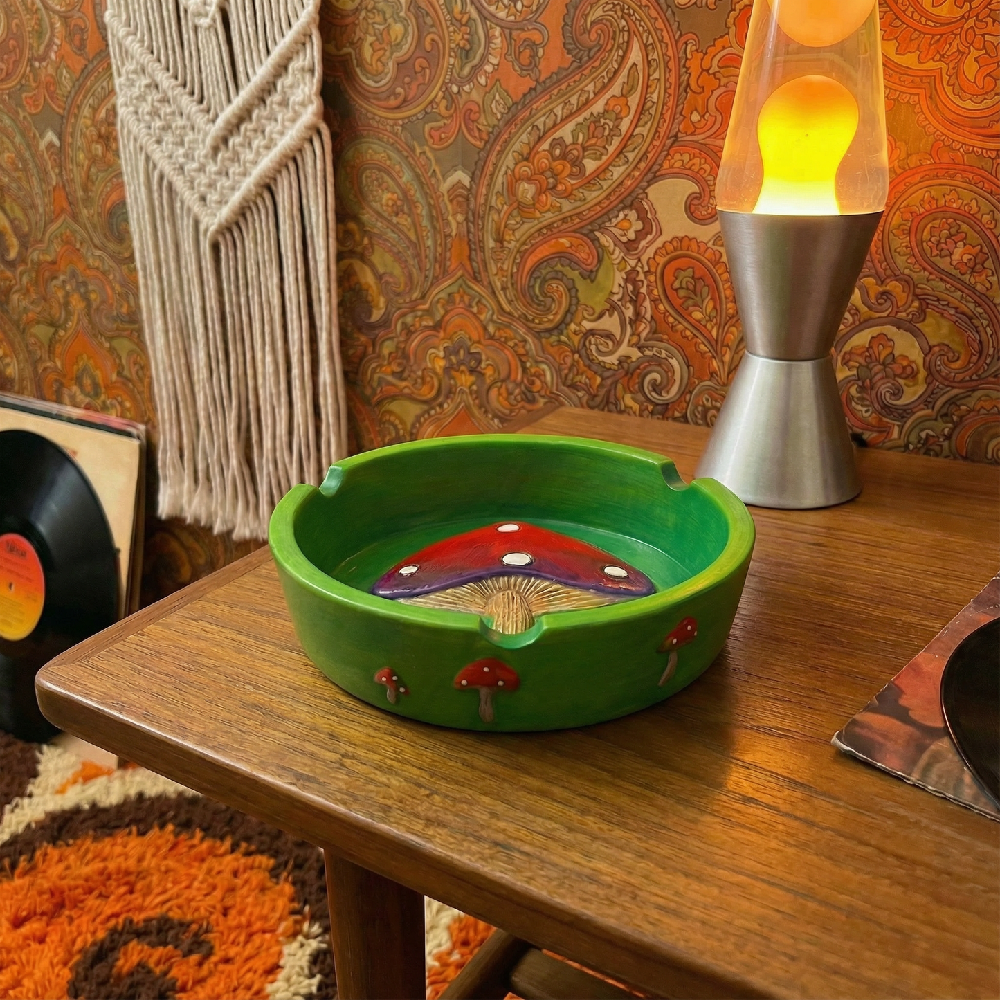 Groovy Mushroom Ashtray in Bright Green and Red | Hand Painted Round Resin Ash Bin  | 4.5"