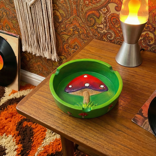 Groovy Mushroom Ashtray in Bright Green and Red | Hand Painted Round Resin Ash Bin  | 4.5"