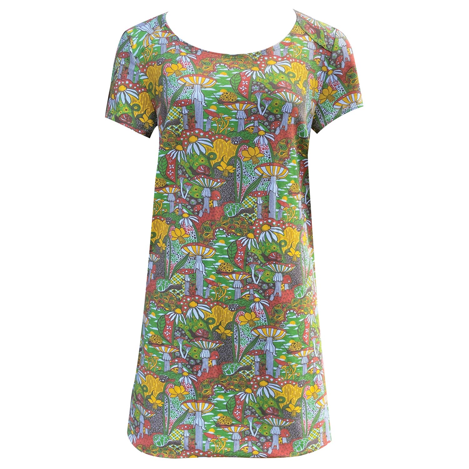 Groovy Mushroom & Snail Pocket A-Line Tunic Dress in Olive | Retro 60s-70s Inspired [L-2X]