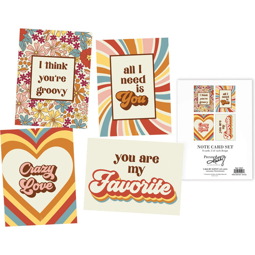 Groovy Note Card Set | Retro Love-Themed Designs 8 Cards