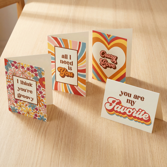 Groovy Note Card Set | Retro Love-Themed Designs 8 Cards
