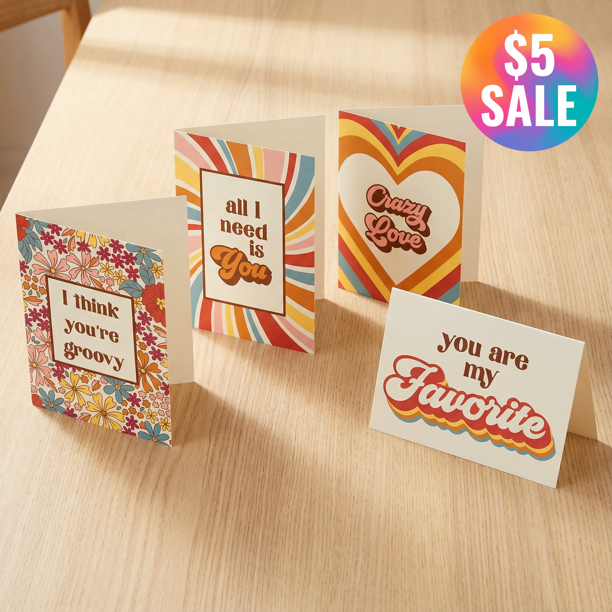 Groovy Note Card Set | Retro Love-Themed Designs 8 Cards