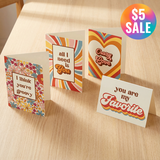 Groovy Note Card Set | Retro Love-Themed Designs 8 Cards