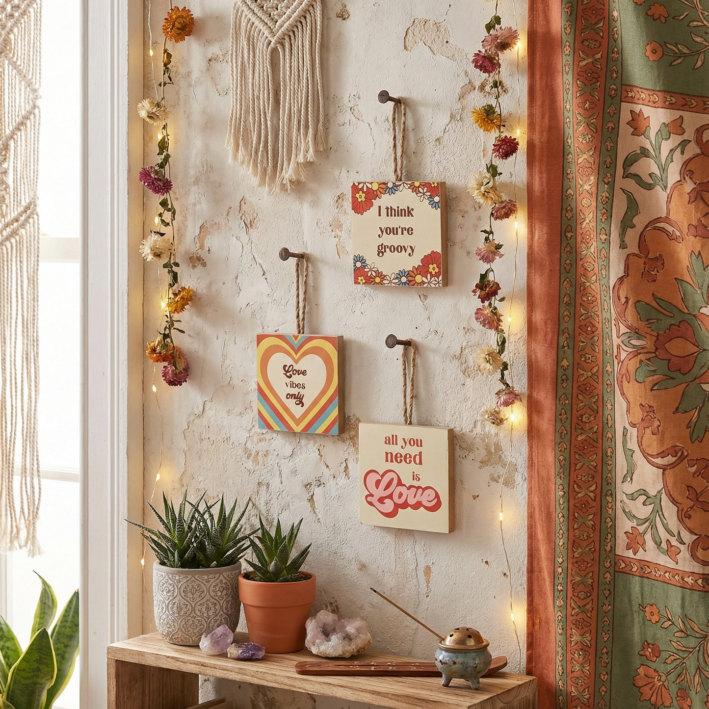 Groovy Self-Hanging Mini Art Prints | 3 Piece Wooden Display | Love Themed