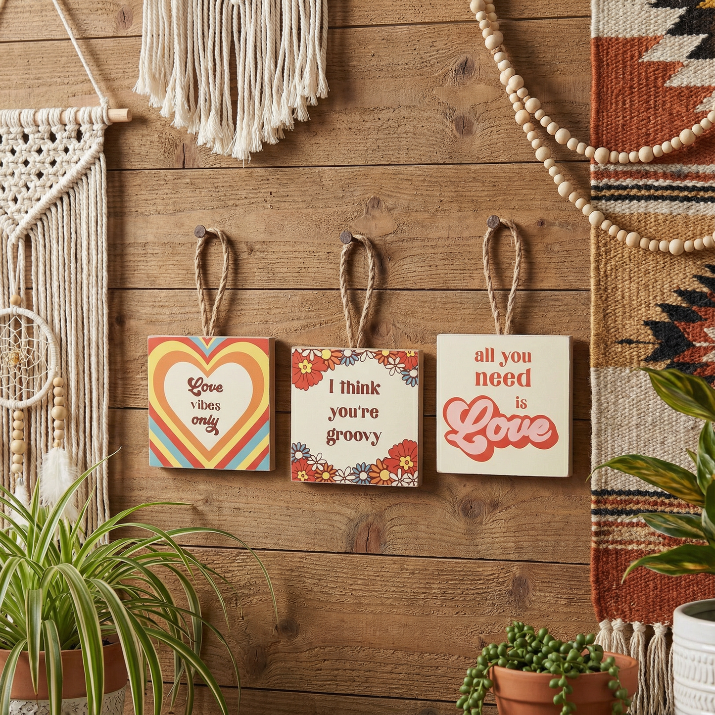 Groovy Self-Hanging Mini Art Prints | 3 Piece Wooden Display | Love Themed