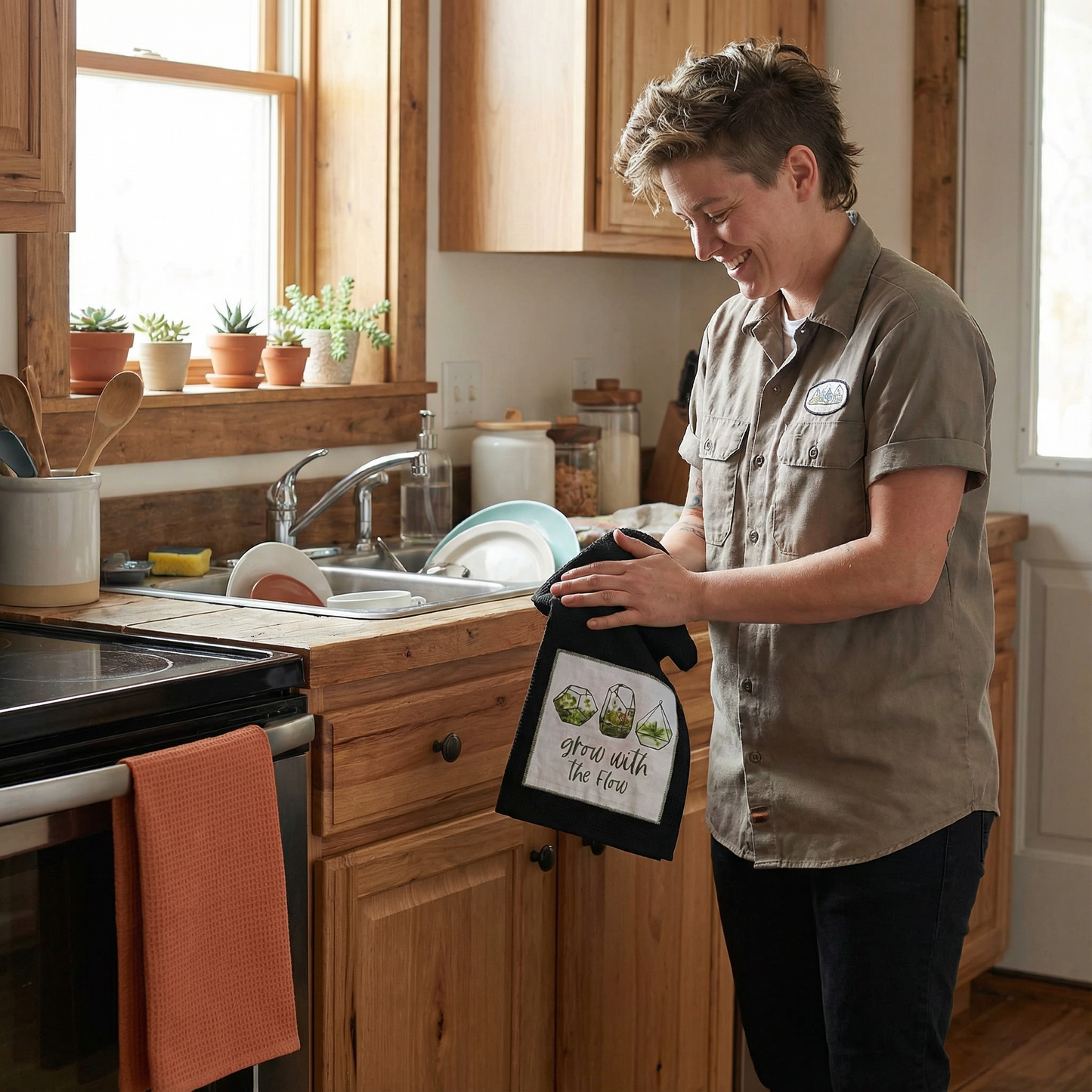 Grow With The Flow Kitchen Towel Set | Cotton Plant Design Tea Dish Cloth | 28" x 28" | Gift for Her