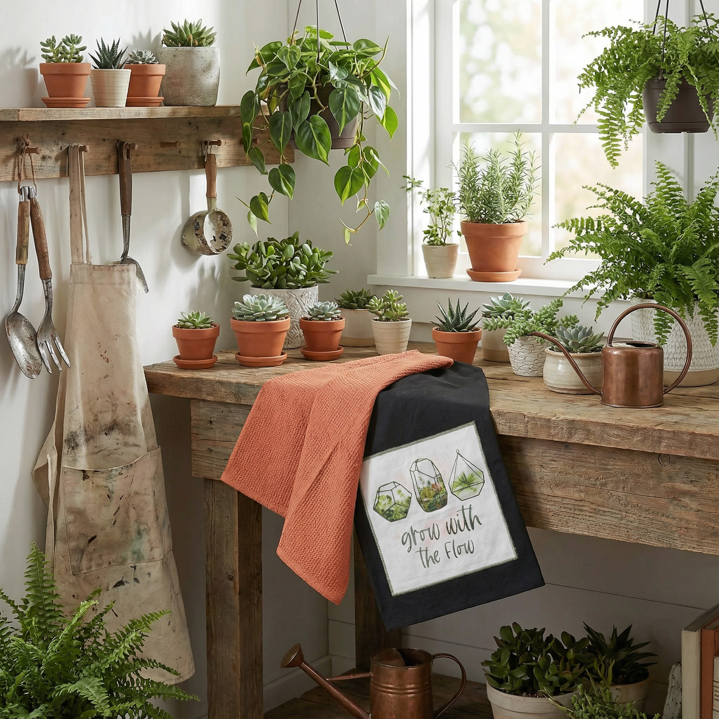 Grow With The Flow Kitchen Towel Set | Cotton Plant Design Tea Dish Cloth | 28" x 28" | Gift for Her