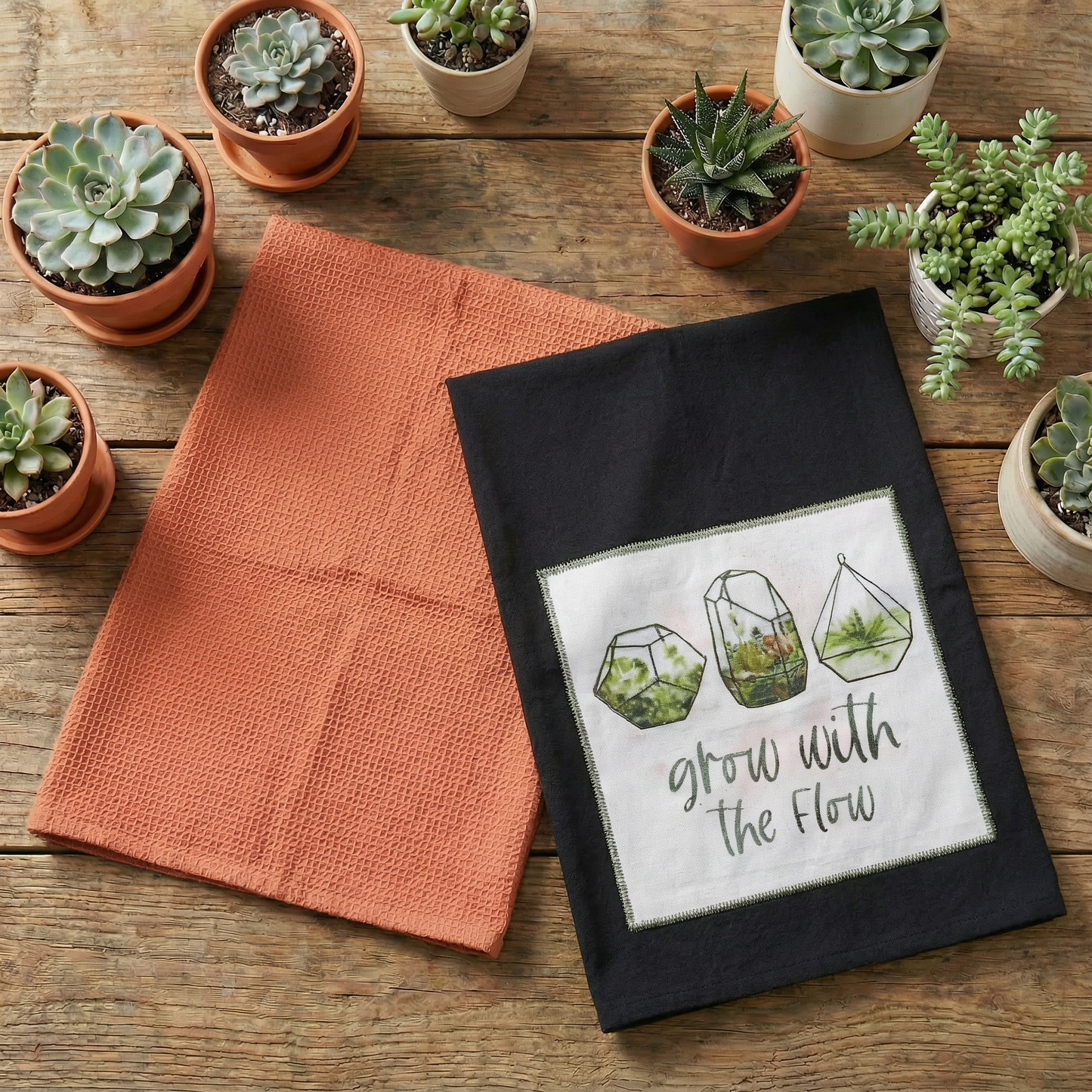 Grow With The Flow Kitchen Towel Set | Cotton Plant Design Tea Dish Cloth | 28" x 28" | Gift for Her