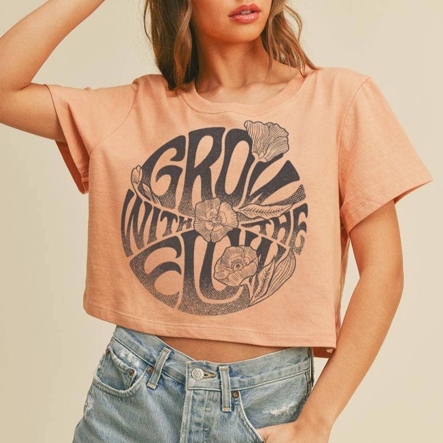 Grow With the Flow Graphic Tee Crop Top with Trippy '70s Floral Motif [S-L]