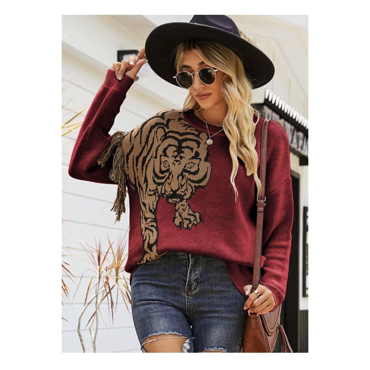 Grrr! Fringed Tiger Sweater in Green or Red [Sizes M-XL]