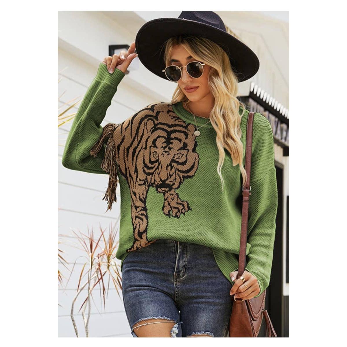 Grrr! Fringed Tiger Sweater in Green or Red [Sizes M-XL]