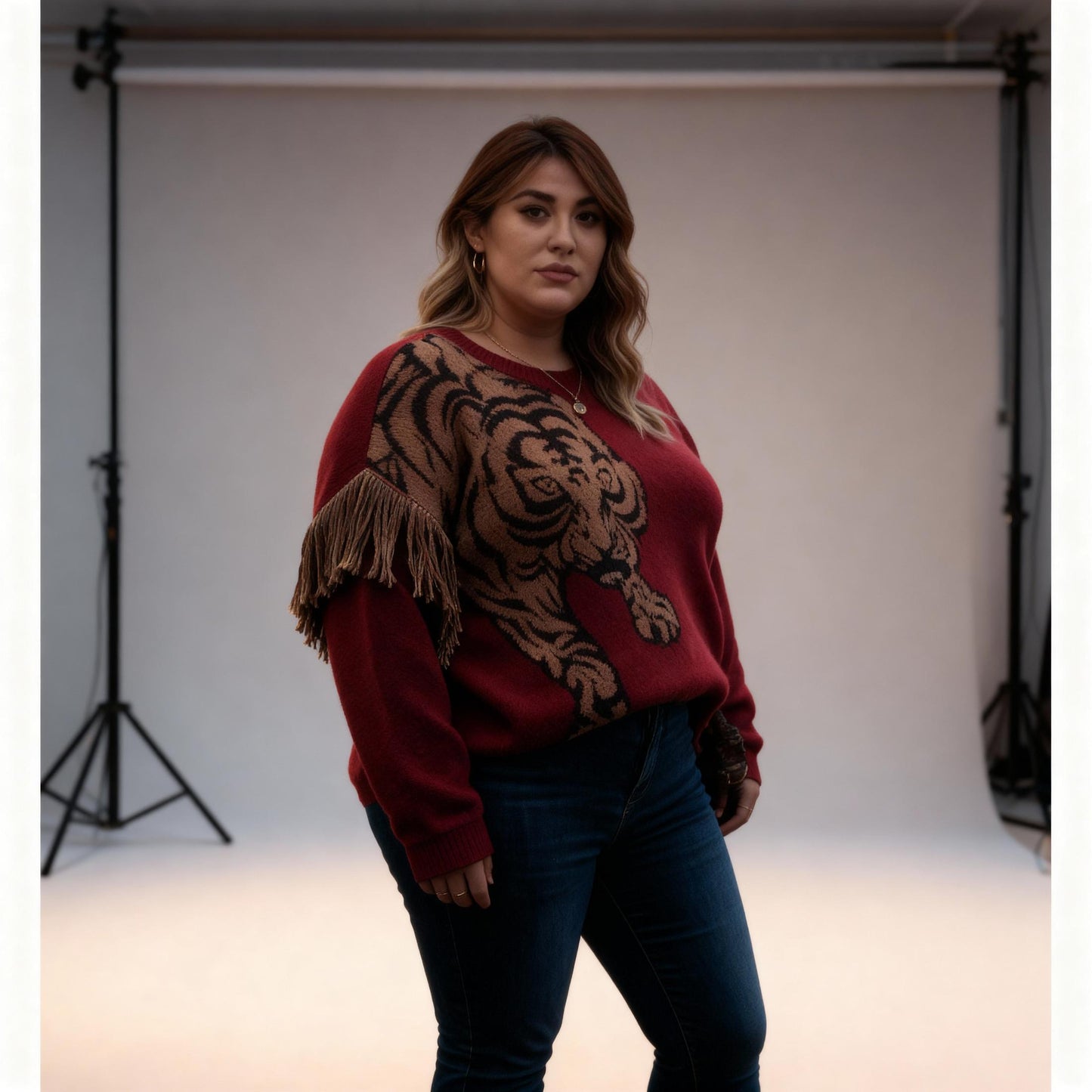 Grrr! Fringed Tiger Sweater in Green or Red [Sizes M-XL]