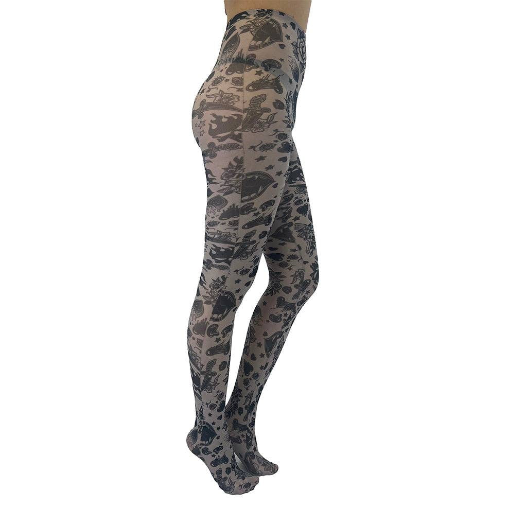 Grunge and Roses Printed Tights in Gray [Sizes Through US 14]