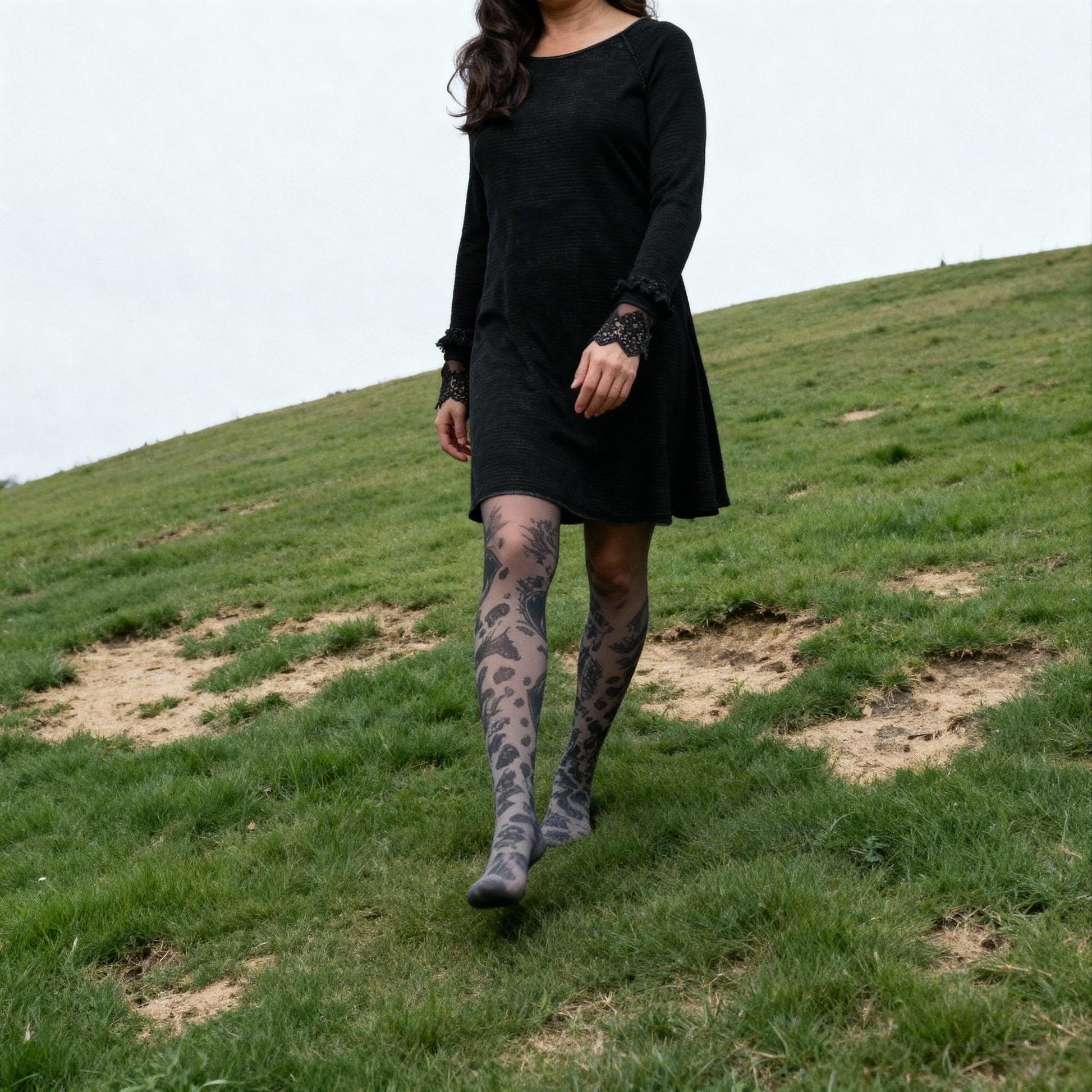 Ultimate '90s Princess Grunge Waffle Dress in Black with Lace Mesh Sleeve Detail