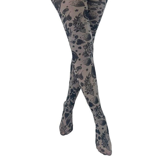 Grunge and Roses Printed Tights in Gray [Sizes Through US 14]