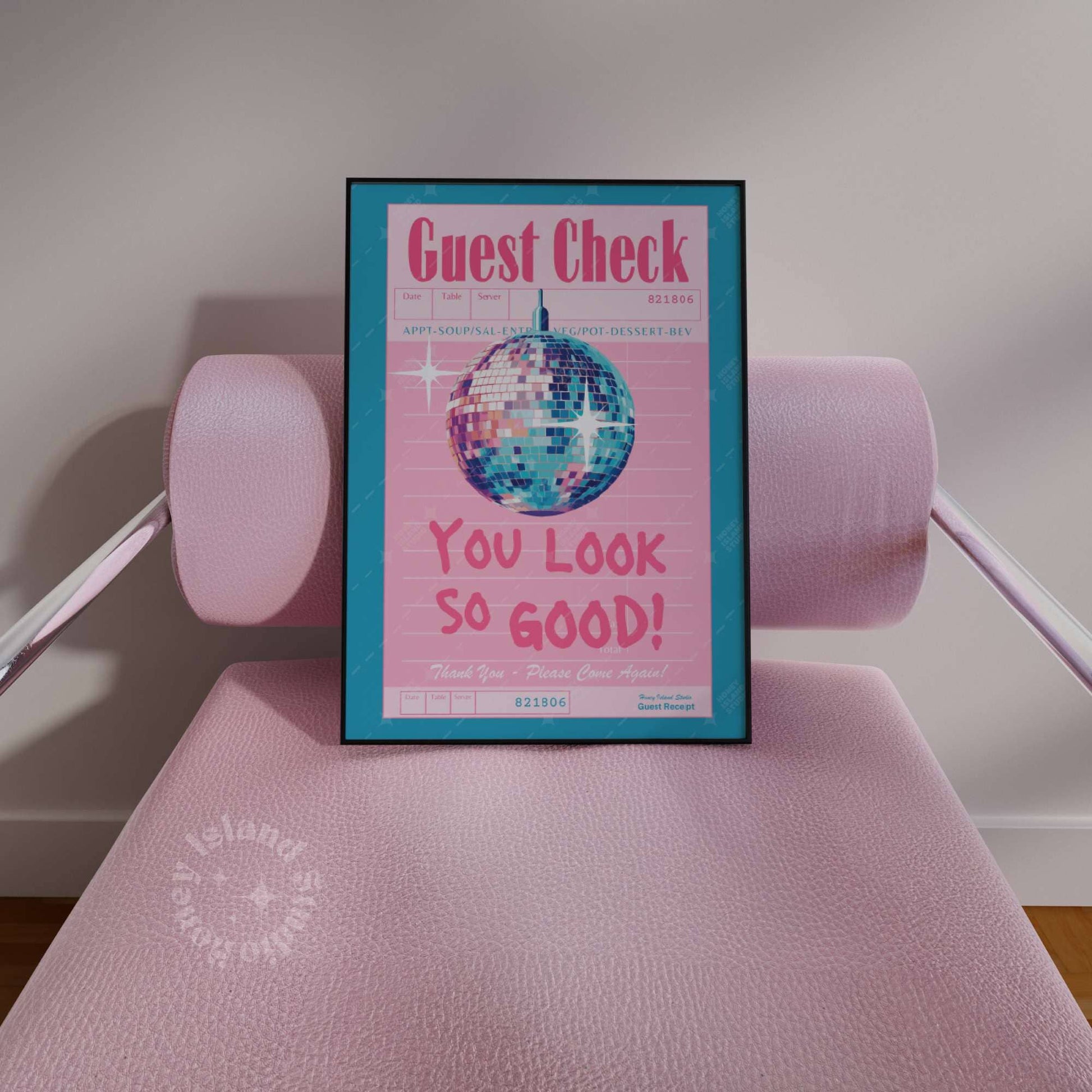 Guest Check Disco Poster in Pink and Blue | Unframed Wall Decor | 16" x 24"