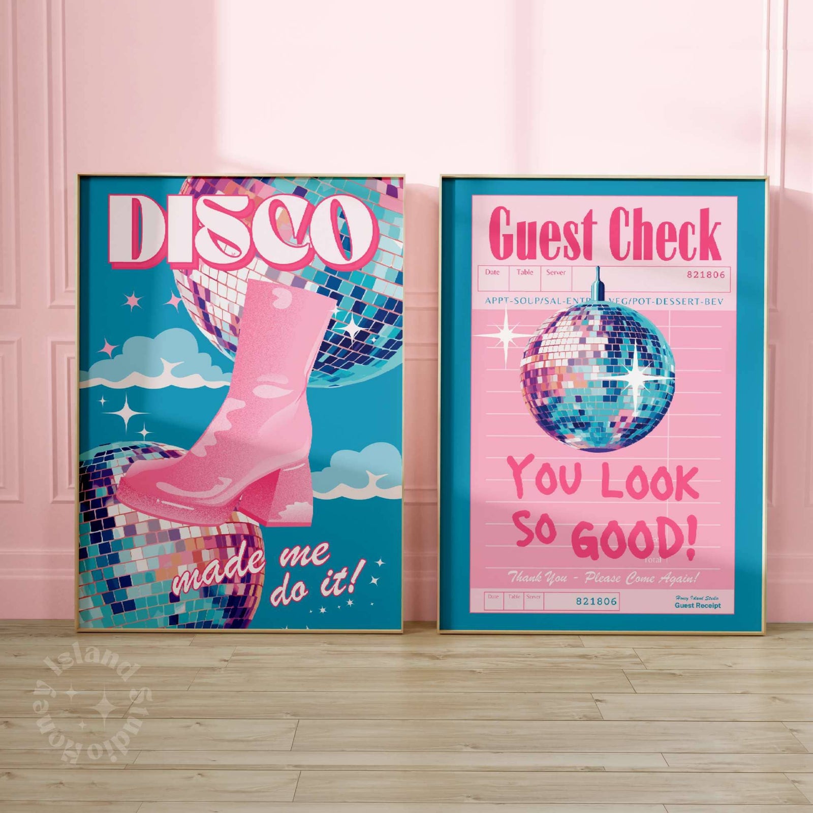 Guest Check Disco Poster in Pink and Blue | Unframed Wall Decor | 16" x 24"