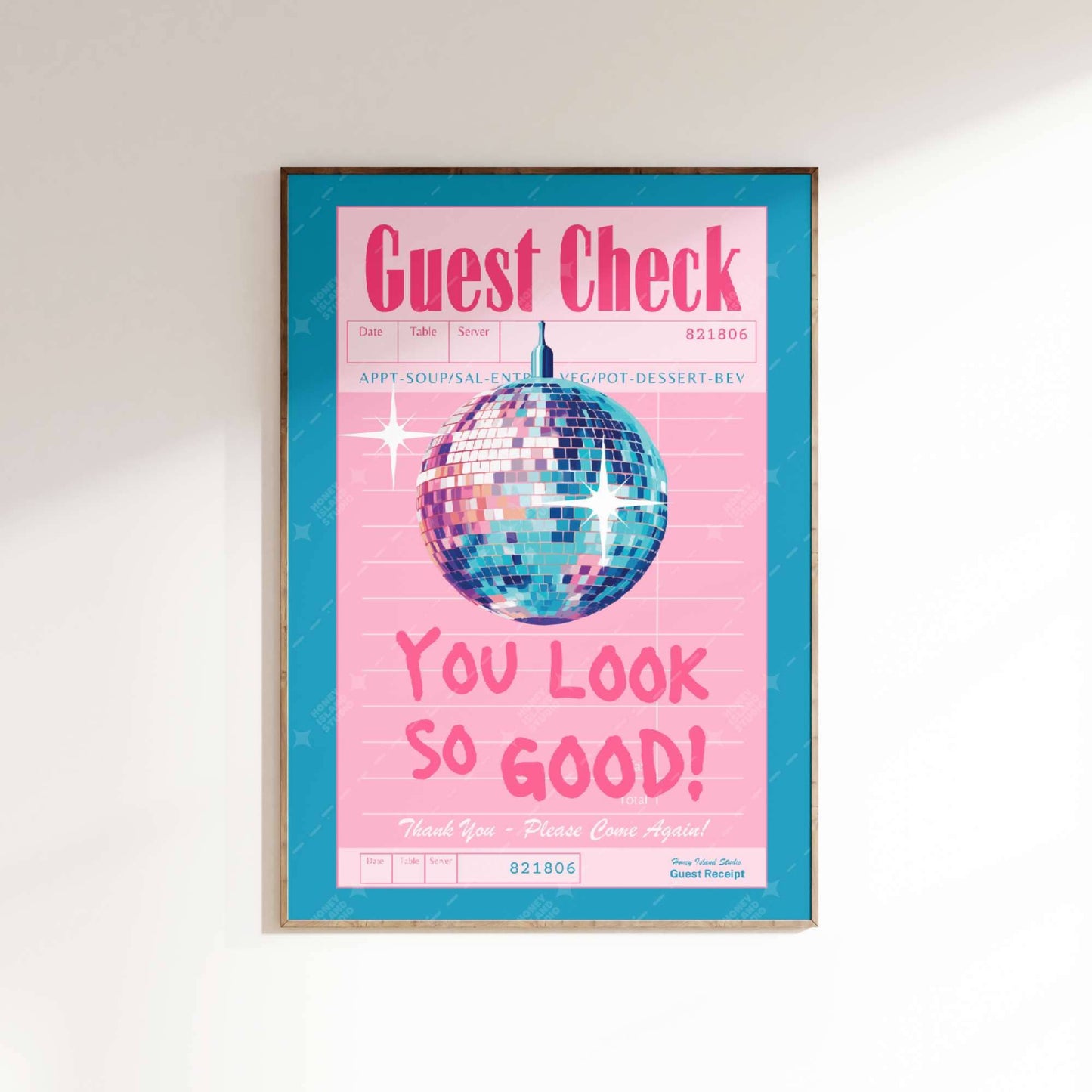 Guest Check Disco Poster in Pink and Blue | Unframed Wall Decor | 16" x 24"