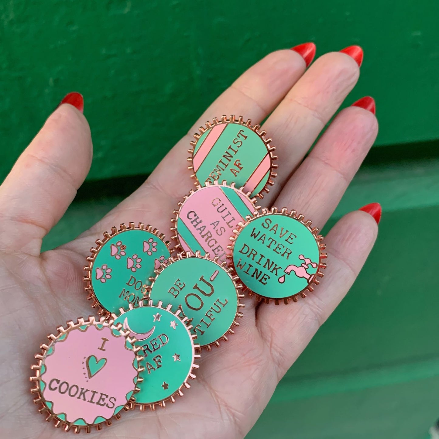 Guilty As Charged Pink and Mint Enamel Pin on Gift Card