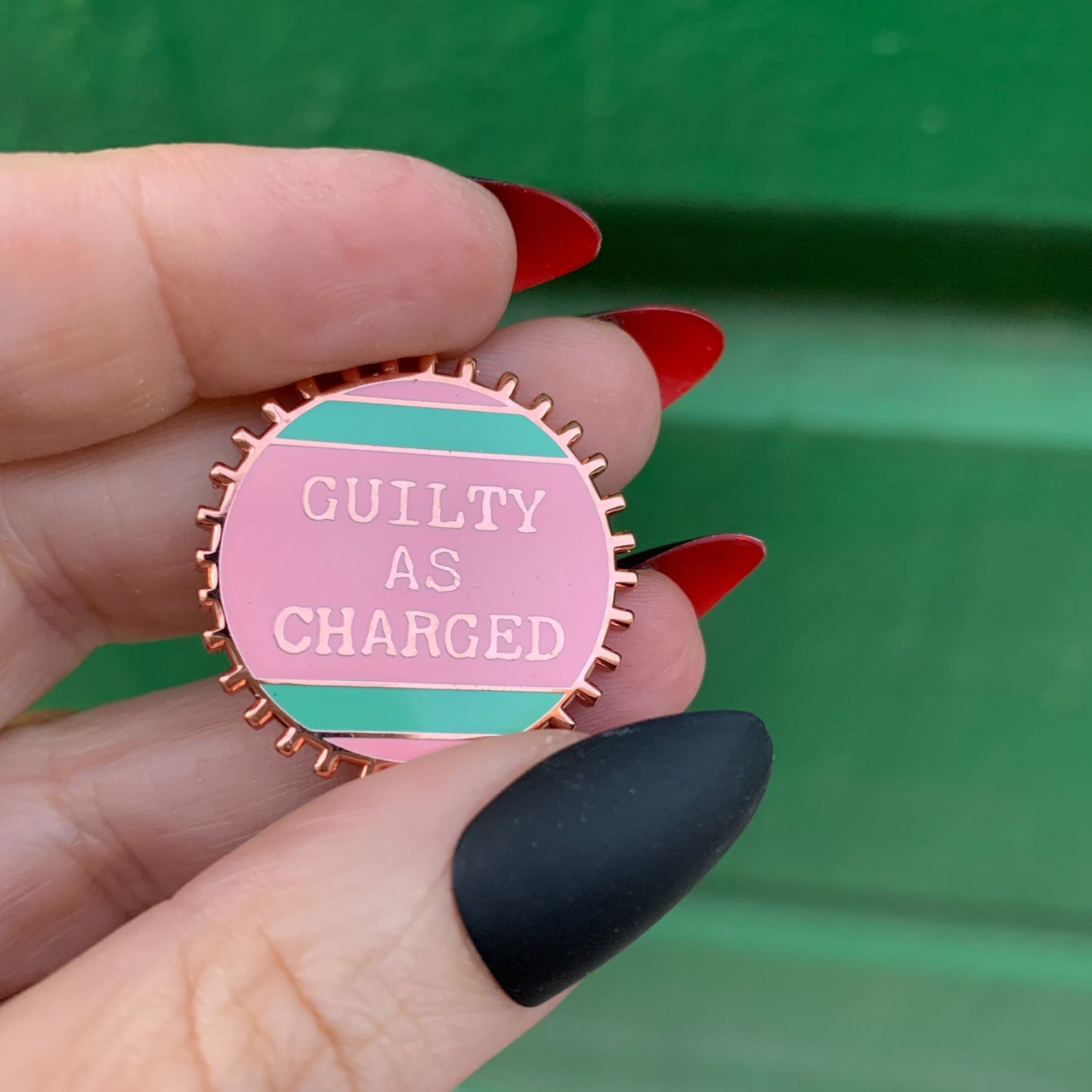 Guilty As Charged Pink and Mint Enamel Pin on Gift Card