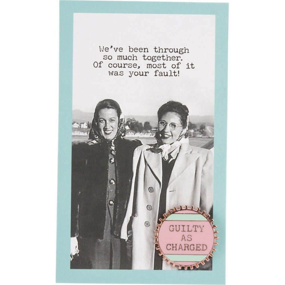 Guilty As Charged Pink and Mint Enamel Pin on Gift Card