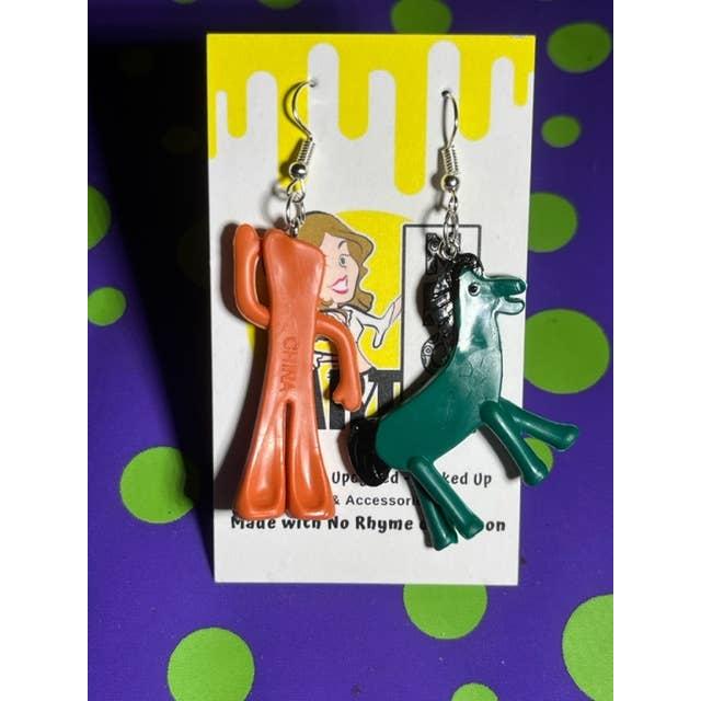 Gumby and Pokey Earrings: Reversed | 70s Vintage Mini Figures Upcycled Fashion Jewelry