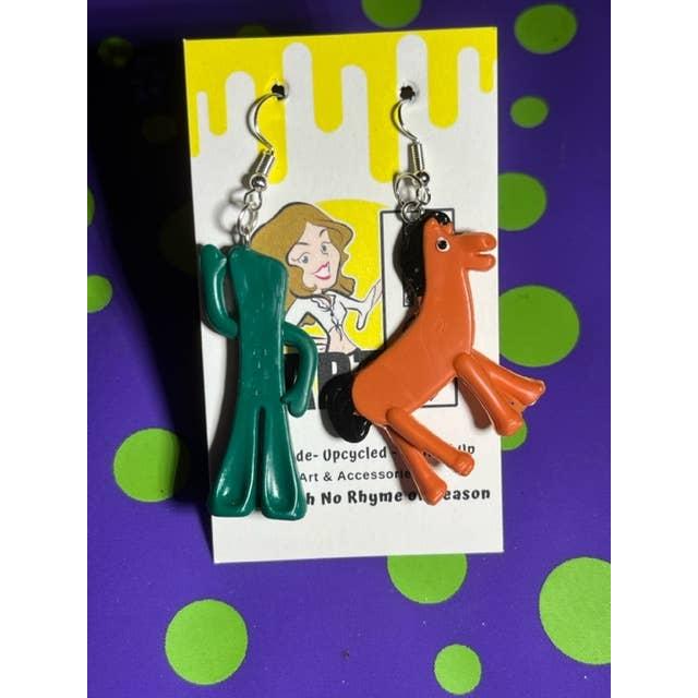 Gumby and Pokey Earrings: Reversed | 70s Vintage Mini Figures Upcycled Fashion Jewelry