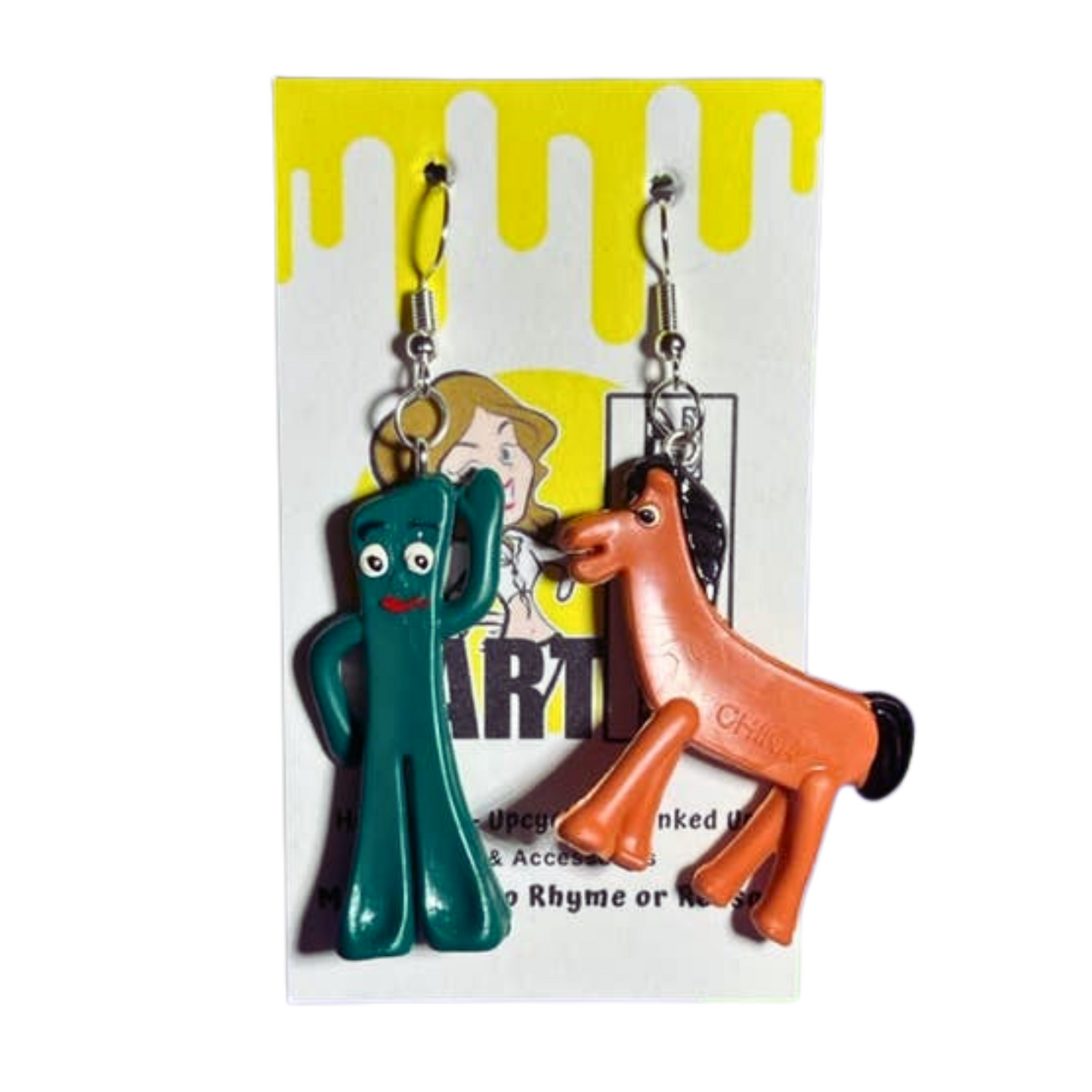 Gumby and Pokey Earrings: Reversed | 70s Vintage Mini Figures Upcycled Fashion Jewelry