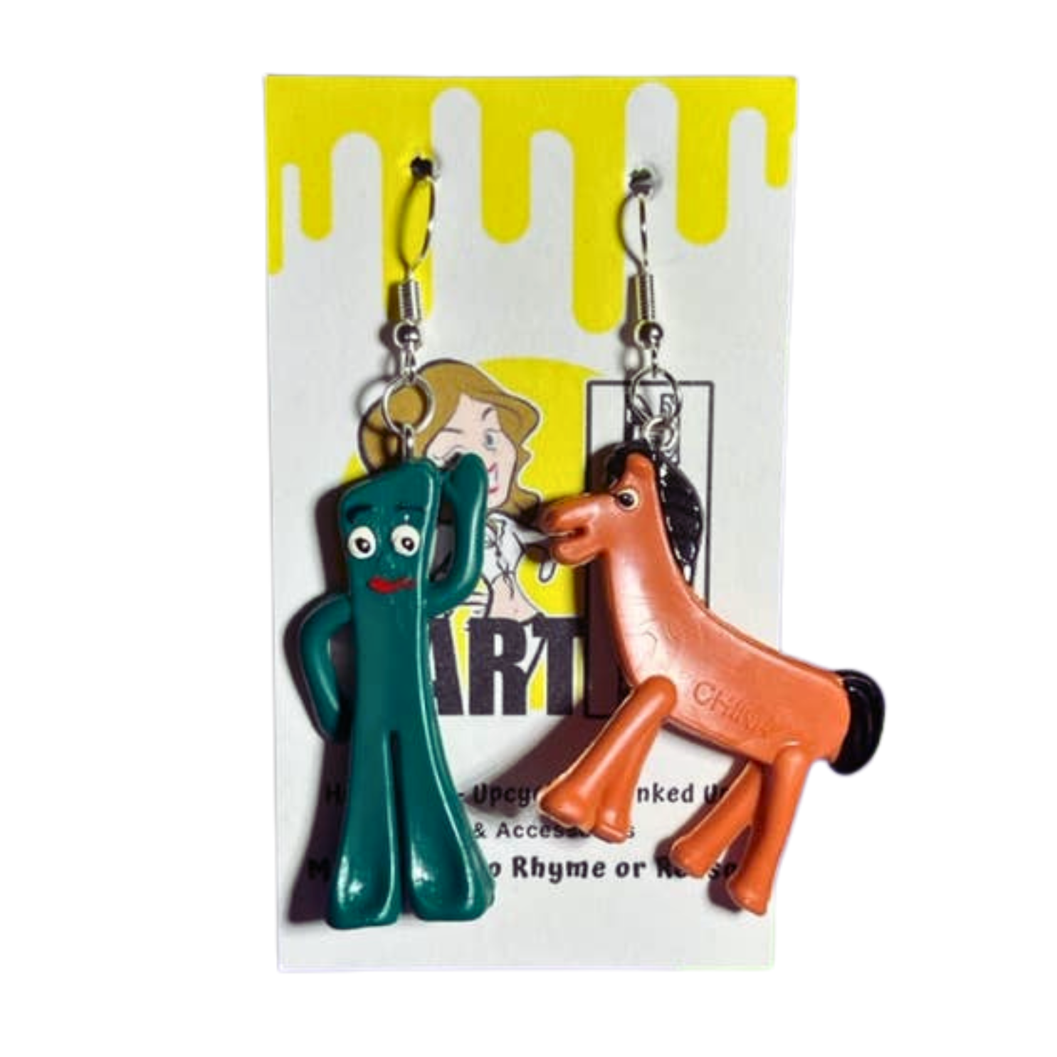 Gumby and Pokey Earrings: Reversed | 70s Vintage Mini Figures Upcycled Fashion Jewelry
