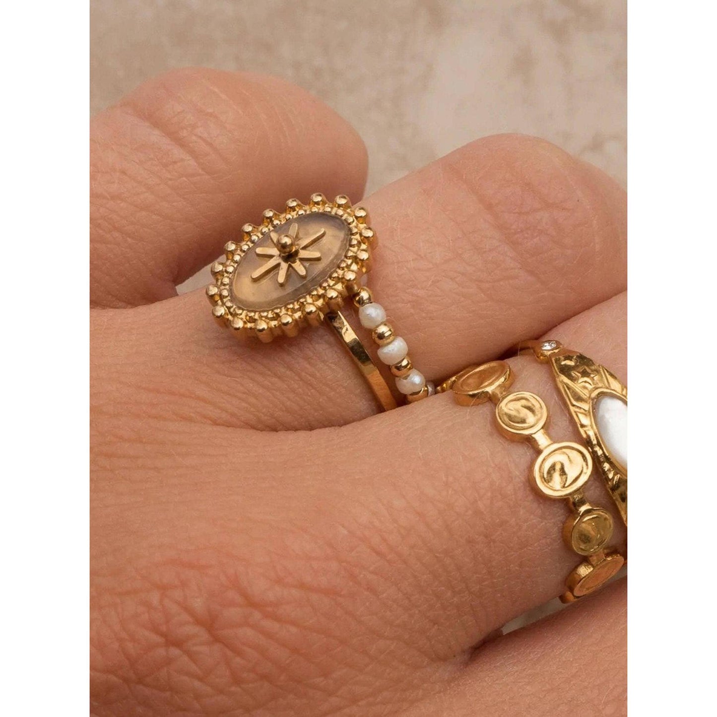 Gypsy Rose 14K Gold Adjustable Round Stone Ring | Gold Plated Stainless Steel Statement Ring, Nickel-Safe