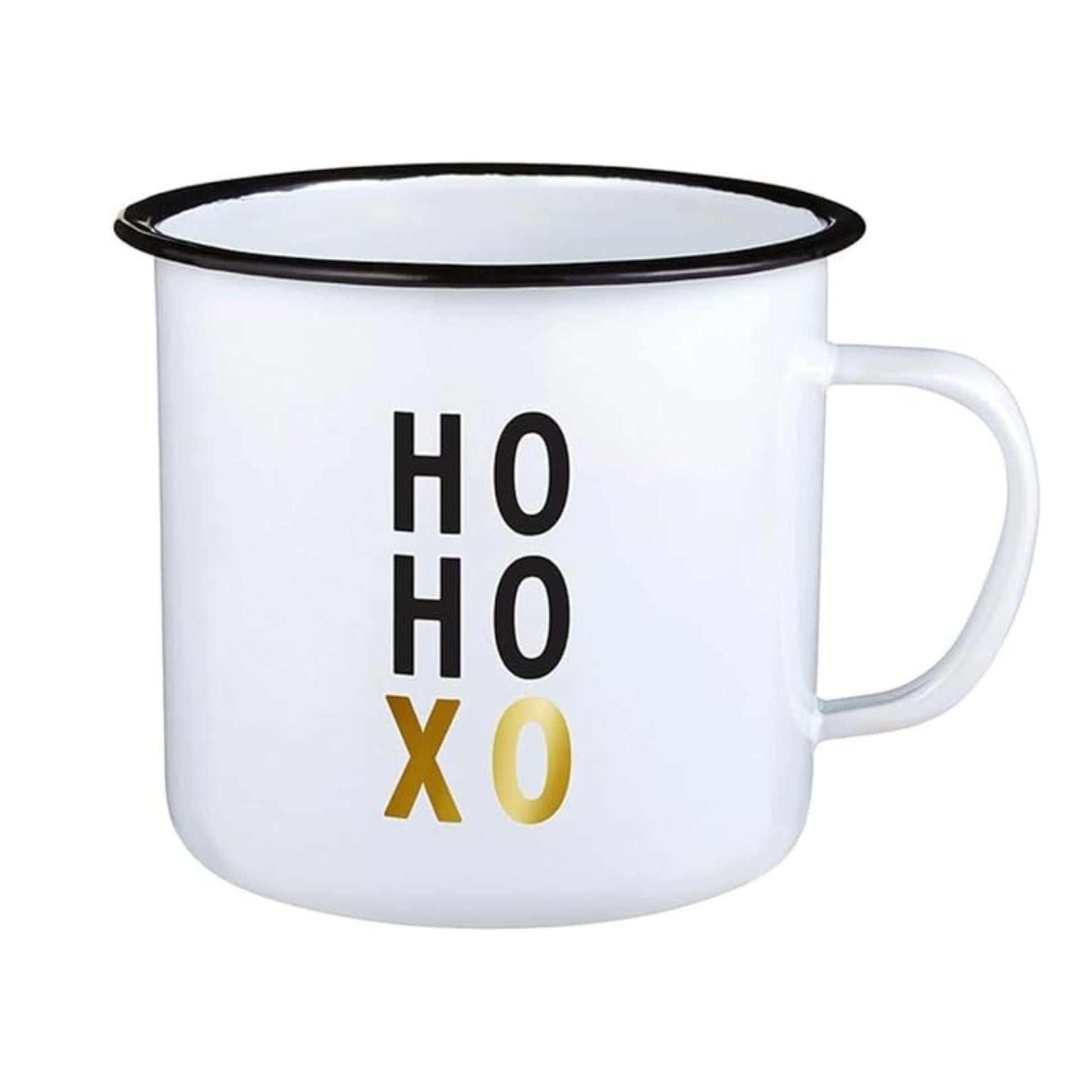 White mug with black and gold text on a white background