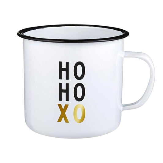 White mug with black and gold text on a white background