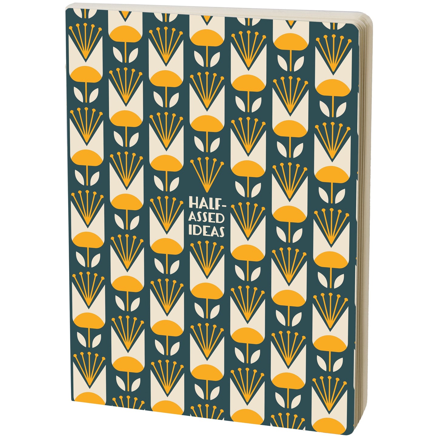 Notebook with a floral pattern and 'Half-Assed Ideas' text on a white background
