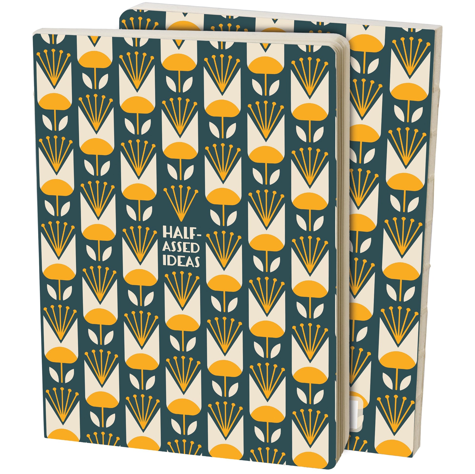 Front and back part of a notebook with a floral pattern and text 'Half Assed Ideas' on a white background