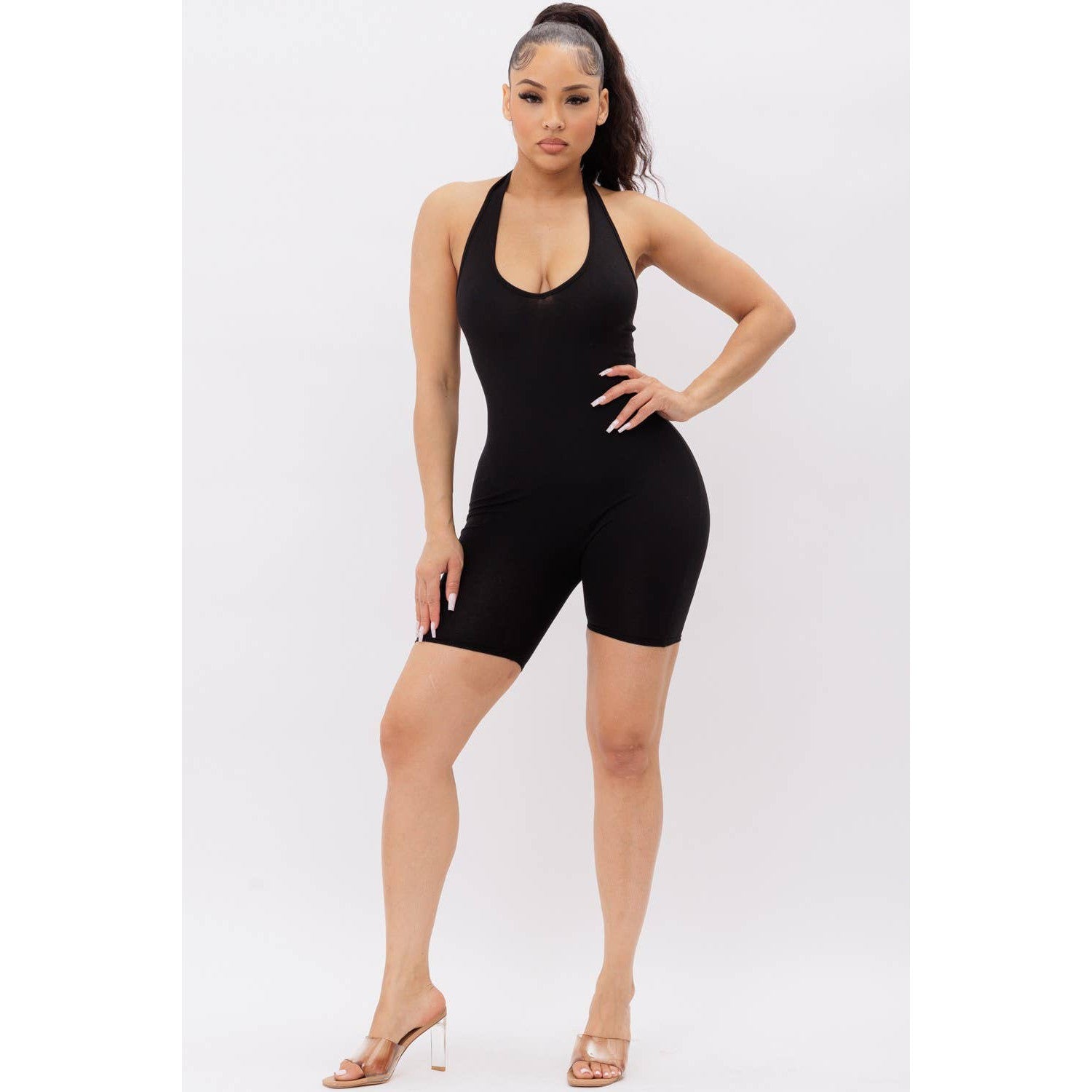 Halter Neck No Sleeve Solid Biker Short Romper | Sleeveless Backless One-piece Bodysuit Active Wear [Available in Sizes SM-L]