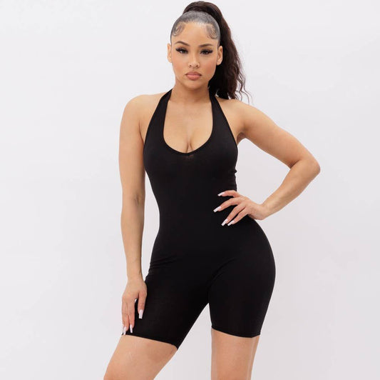 Halter Neck No Sleeve Solid Biker Short Romper | Sleeveless Backless One-piece Bodysuit Active Wear [Available in Sizes SM-L]