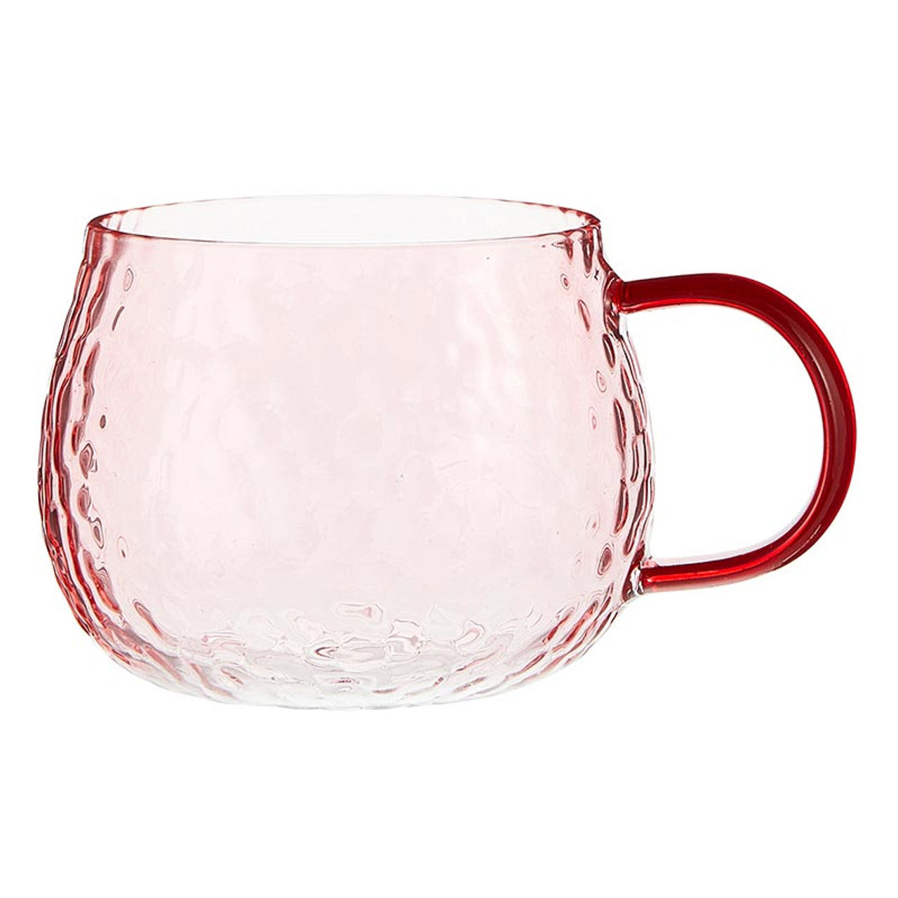 Transparent pink glass mug with a darker pink handle on a white background